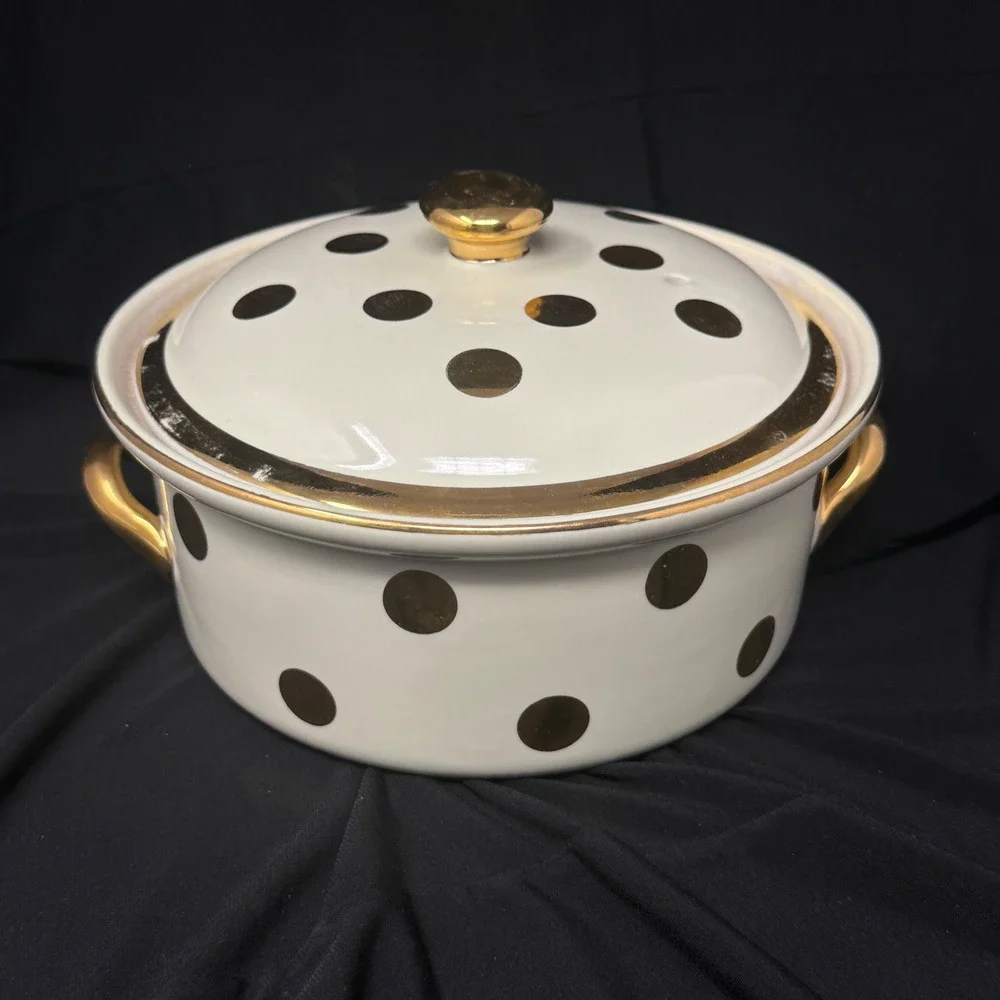 Vintage Hall's Superior Quality Kitchenware 1.75 Qt Gold Polka Dot Casserole 069